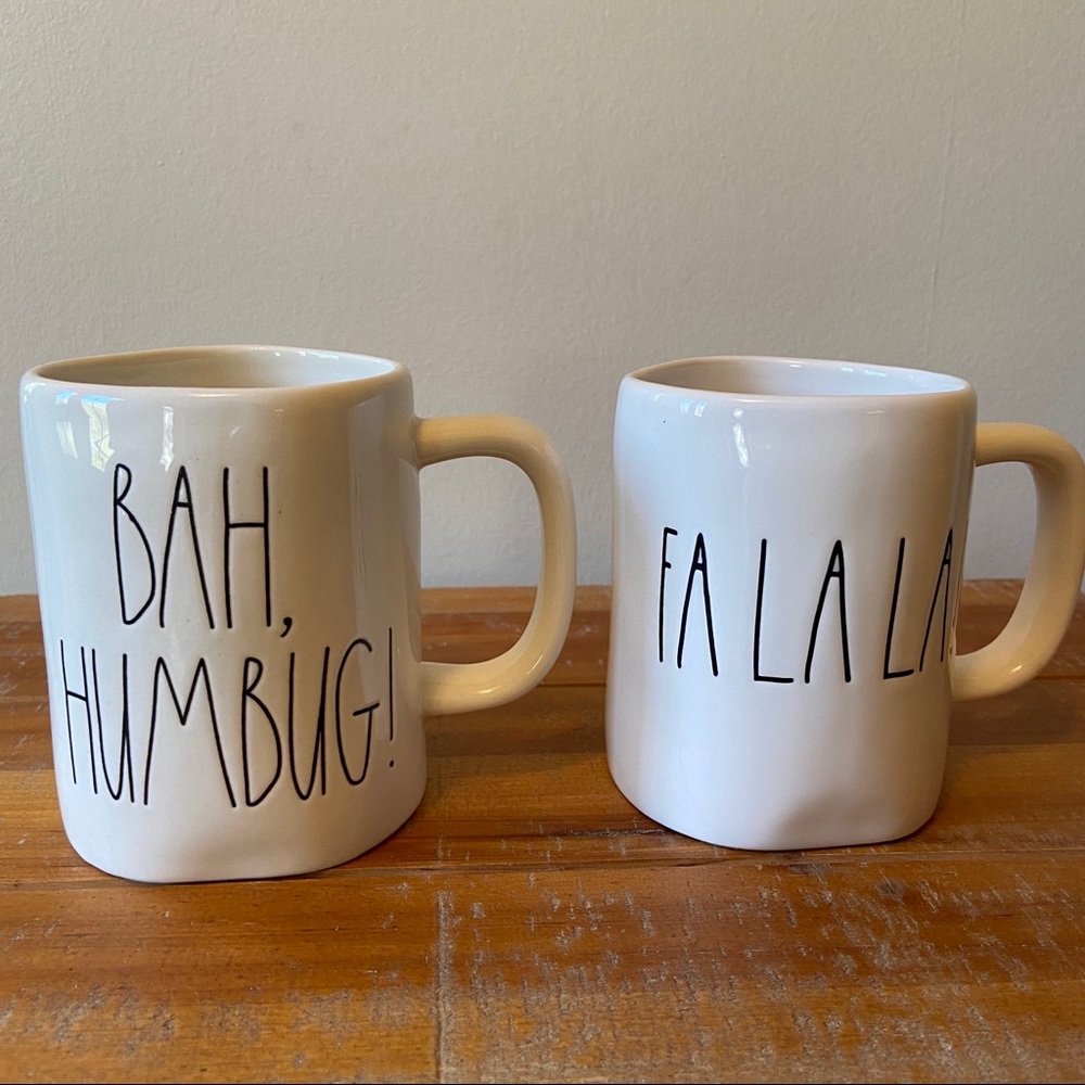 RAE DUNN 2 Christmas MUGS Bah Humbug Falala EUC
